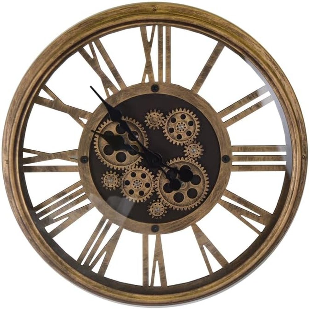 18" Antiqued Gold And Black Metal Silent Skeleton Exposed Gear Round Wall Clock HomeRoots
