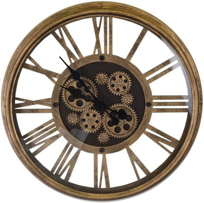 18" Antiqued Gold And Black Metal Silent Skeleton Exposed Gear Round Wall Clock HomeRoots
