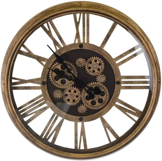 18" Antiqued Gold And Black Metal Silent Skeleton Exposed Gear Round Wall Clock HomeRoots