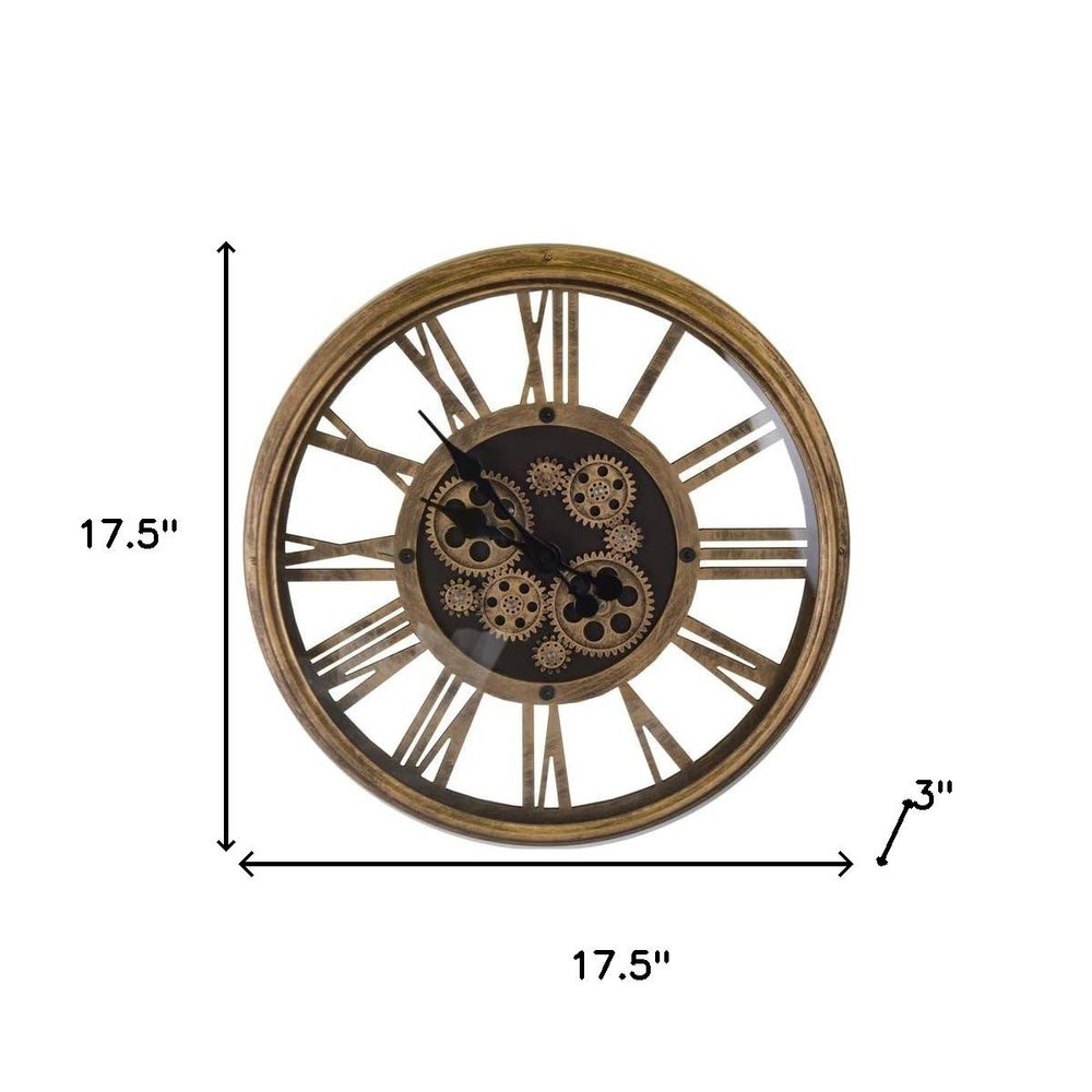 18" Antiqued Gold And Black Metal Silent Skeleton Exposed Gear Round Wall Clock HomeRoots