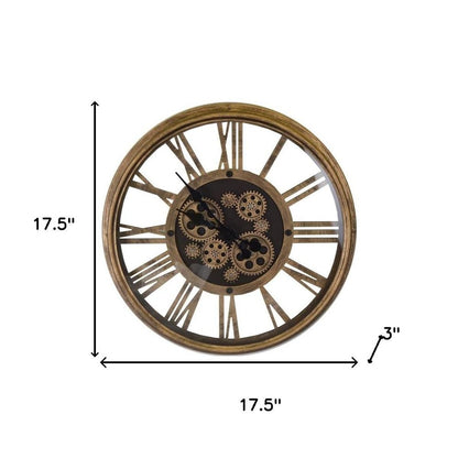 18" Antiqued Gold And Black Metal Silent Skeleton Exposed Gear Round Wall Clock HomeRoots