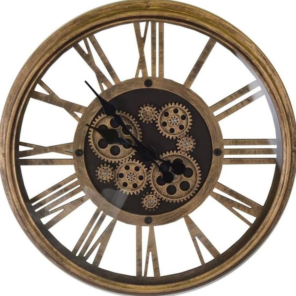 18" Antiqued Gold And Black Metal Silent Skeleton Exposed Gear Round Wall Clock HomeRoots