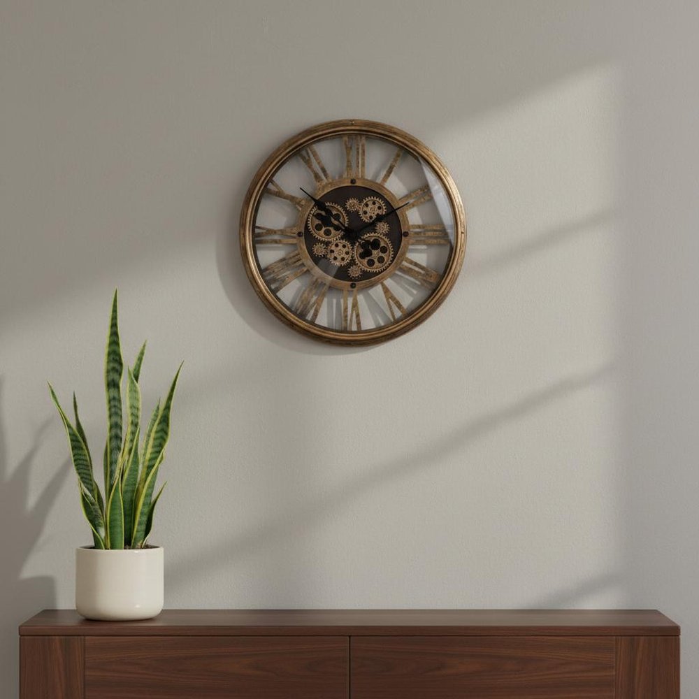 18" Antiqued Gold And Black Metal Silent Skeleton Exposed Gear Round Wall Clock HomeRoots
