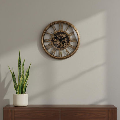 18" Antiqued Gold And Black Metal Silent Skeleton Exposed Gear Round Wall Clock HomeRoots
