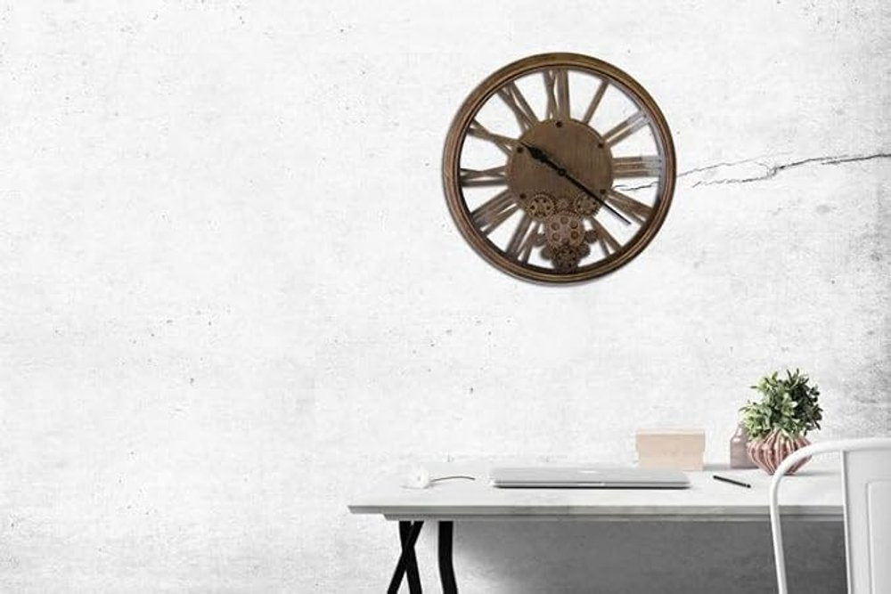 18" Antiqued Gold And Black Metal Silent Skeleton Exposed Gear Round Wall Clock HomeRoots