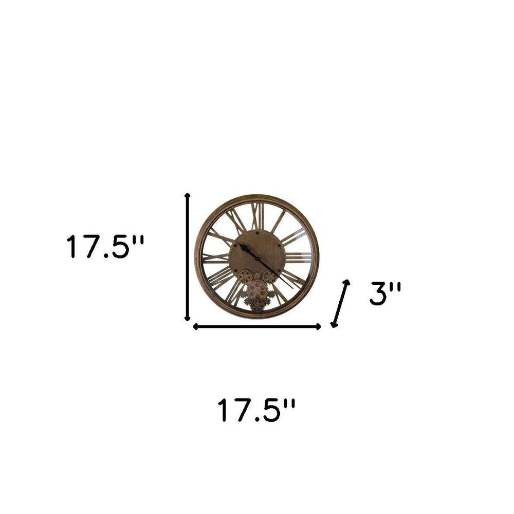 18" Antiqued Gold And Black Metal Silent Skeleton Exposed Gear Round Wall Clock HomeRoots