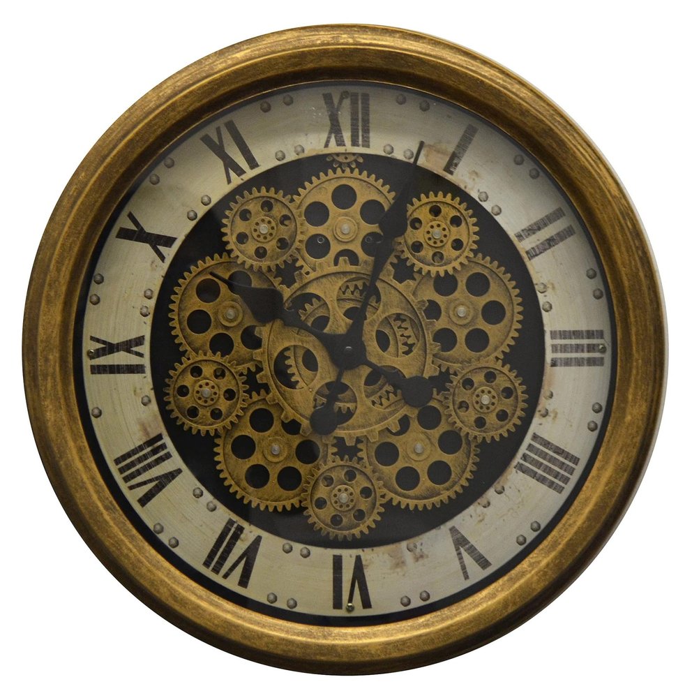 18" Antiqued Gold White And Black Iron Silent Skeleton Distressed Exposed Gear Round Wall Clock