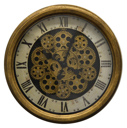 18" Antiqued Gold White And Black Iron Silent Skeleton Distressed Exposed Gear Round Wall Clock