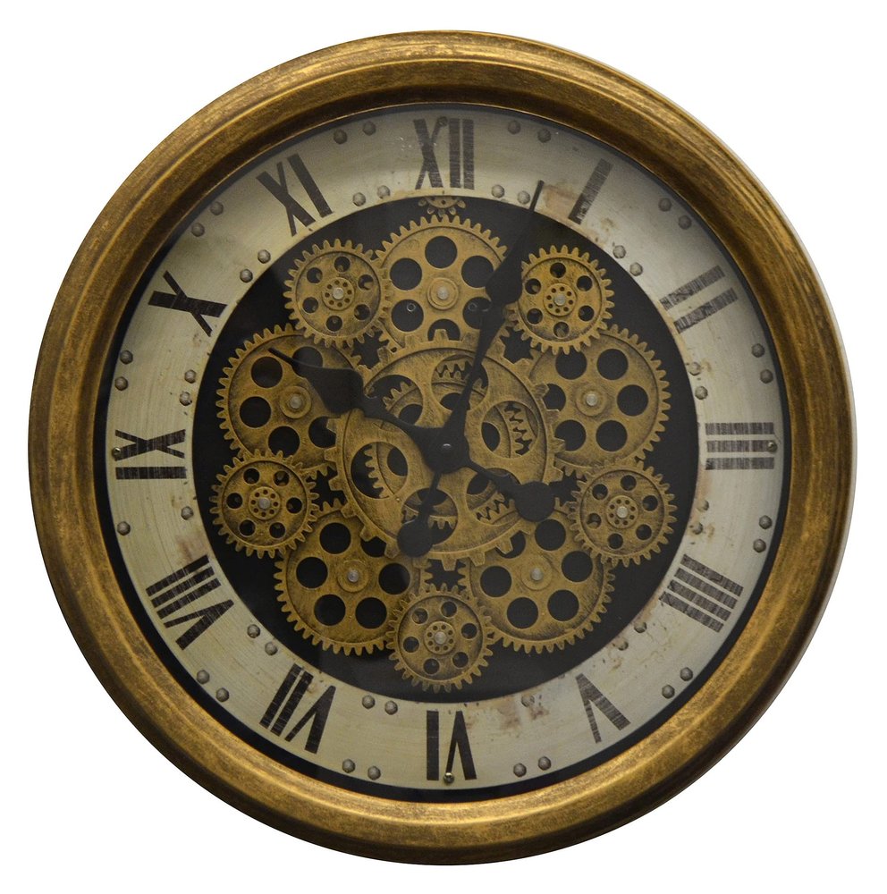 18" Antiqued Gold White And Black Metal Silent Skeleton Distressed Exposed Gear Round Wall Clock HomeRoots