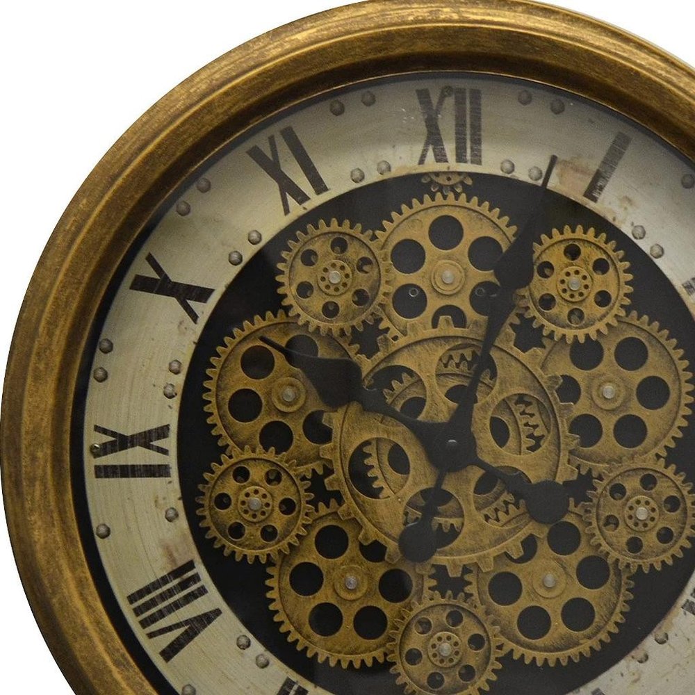 18" Antiqued Gold White And Black Iron Silent Skeleton Distressed Exposed Gear Round Wall Clock
