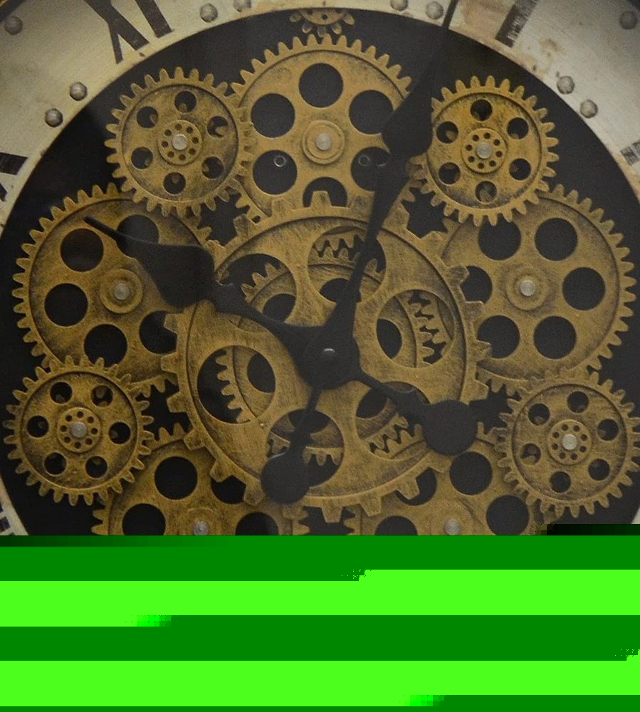 18" Antiqued Gold White And Black Metal Silent Skeleton Distressed Exposed Gear Round Wall Clock HomeRoots