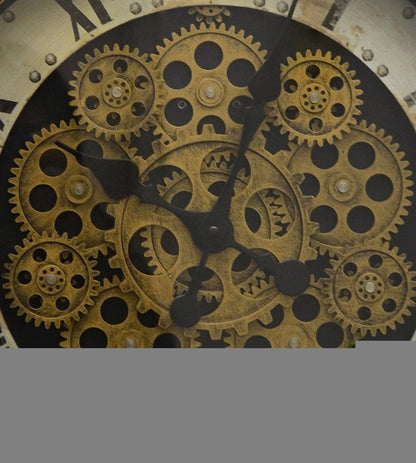 18" Antiqued Gold White And Black Metal Silent Skeleton Distressed Exposed Gear Round Wall Clock HomeRoots