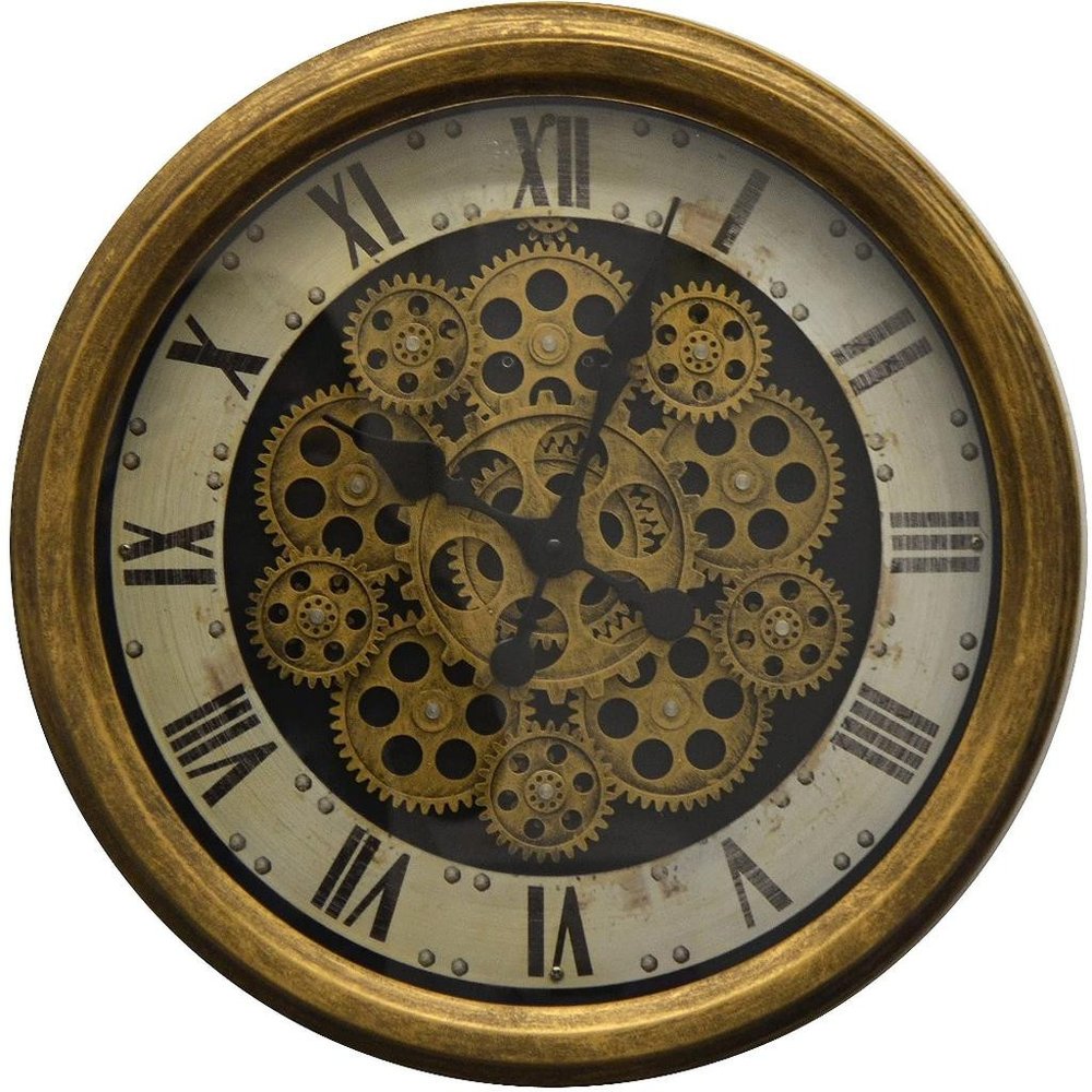 18" Antiqued Gold White And Black Iron Silent Skeleton Distressed Exposed Gear Round Wall Clock