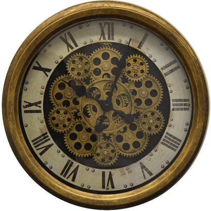18" Antiqued Gold White And Black Iron Silent Skeleton Distressed Exposed Gear Round Wall Clock