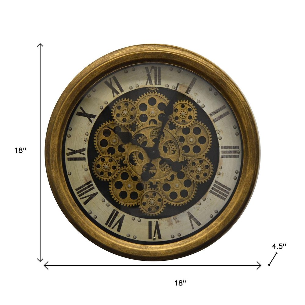 18" Antiqued Gold White And Black Iron Silent Skeleton Distressed Exposed Gear Round Wall Clock