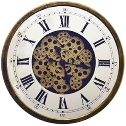 18" Antiqued Gold White And Black Metal Silent Skeleton Exposed Gear Round Wall Clock HomeRoots