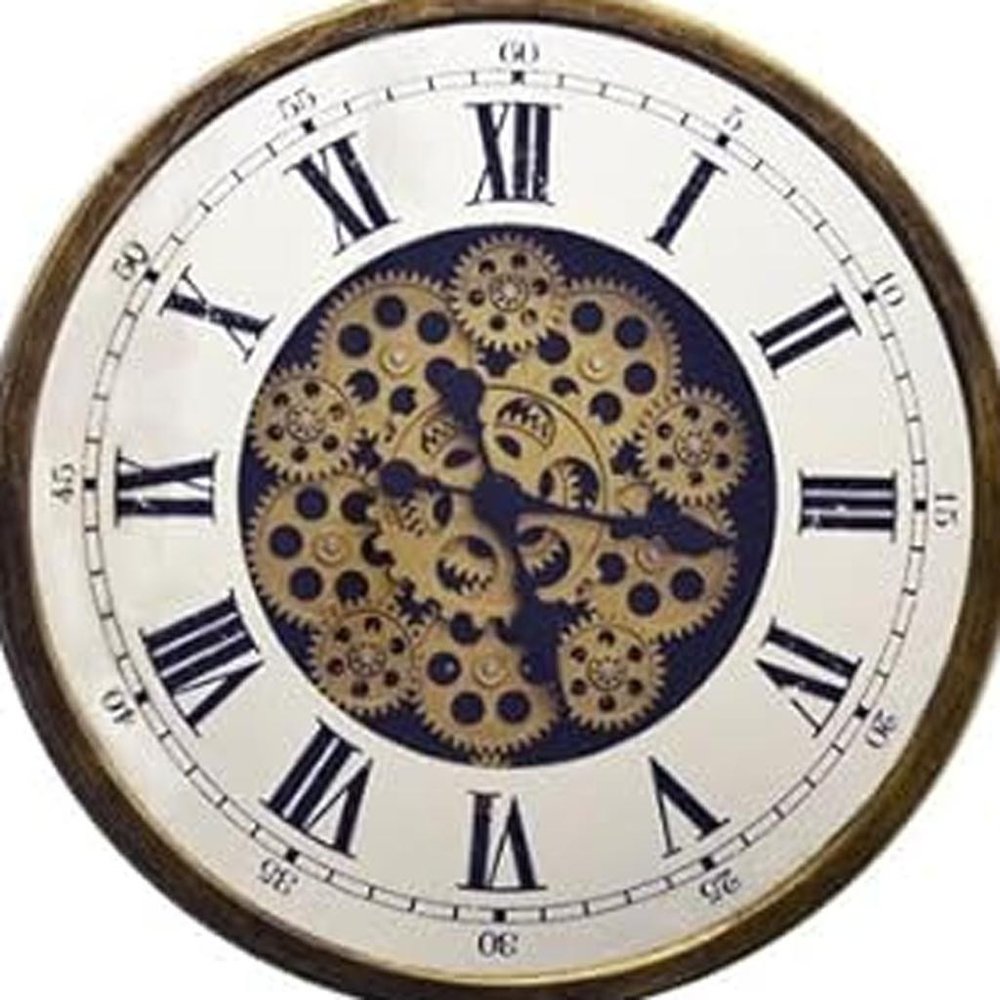 18" Antiqued Gold White And Black Metal Silent Skeleton Exposed Gear Round Wall Clock HomeRoots