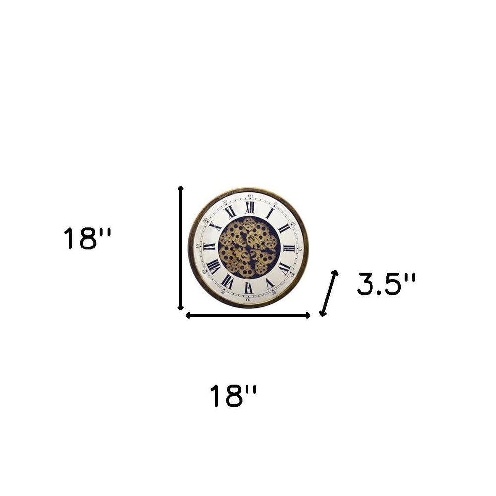 18" Antiqued Gold White And Black Metal Silent Skeleton Exposed Gear Round Wall Clock HomeRoots