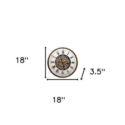 18" Antiqued Gold White And Black Metal Silent Skeleton Exposed Gear Round Wall Clock HomeRoots
