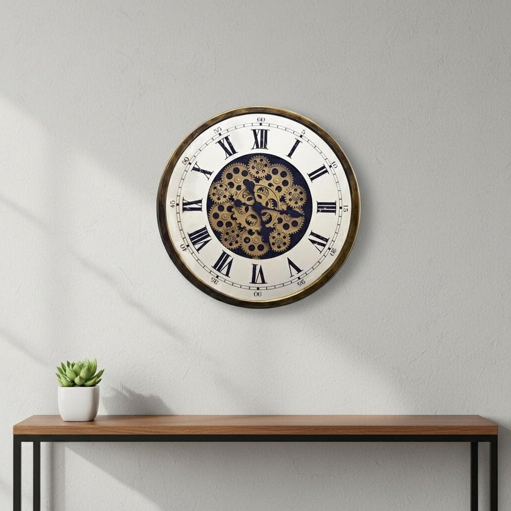 18" Antiqued Gold White And Black Metal Silent Skeleton Exposed Gear Round Wall Clock HomeRoots