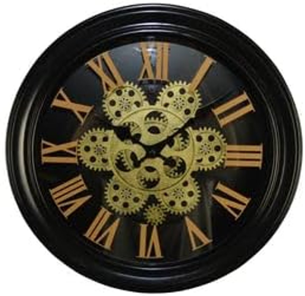 13" Black Orange And Gold Metal Silent Skeleton Distressed Exposed Gear Round Wall Clock HomeRoots