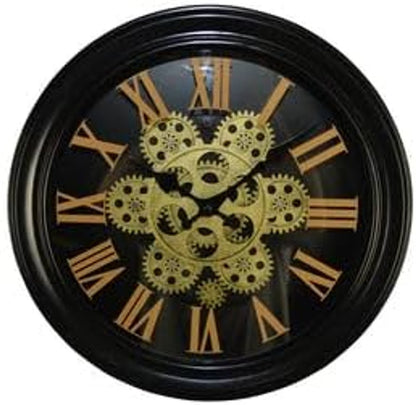 13" Black Orange And Gold Metal Silent Skeleton Distressed Exposed Gear Round Wall Clock HomeRoots