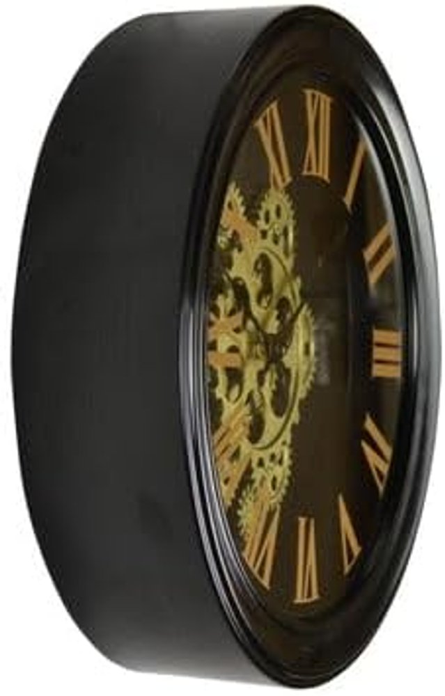 13" Black Orange And Gold Metal Silent Skeleton Distressed Exposed Gear Round Wall Clock HomeRoots