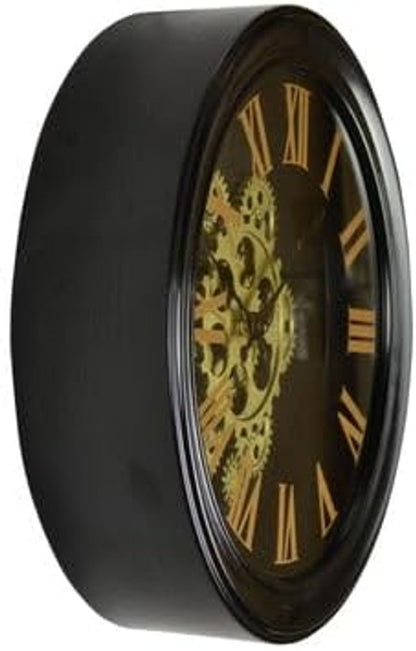 13" Black Orange And Gold Metal Silent Skeleton Distressed Exposed Gear Round Wall Clock HomeRoots