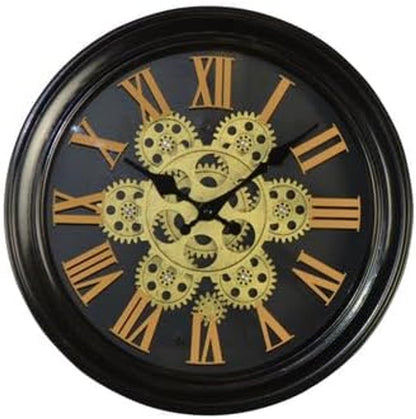 13" Black Orange And Gold Metal Silent Skeleton Distressed Exposed Gear Round Wall Clock HomeRoots