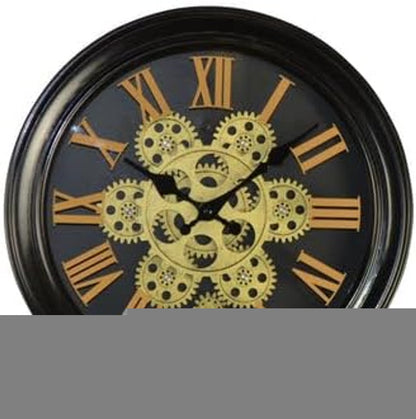 13" Black Orange And Gold Metal Silent Skeleton Distressed Exposed Gear Round Wall Clock HomeRoots