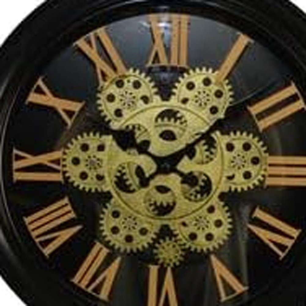13" Black Orange And Gold Metal Silent Skeleton Distressed Exposed Gear Round Wall Clock HomeRoots