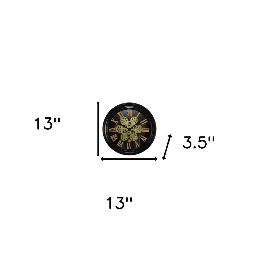 13" Black Orange And Gold Metal Silent Skeleton Distressed Exposed Gear Round Wall Clock HomeRoots