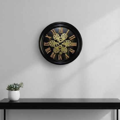 13" Black Orange And Gold Metal Silent Skeleton Distressed Exposed Gear Round Wall Clock HomeRoots