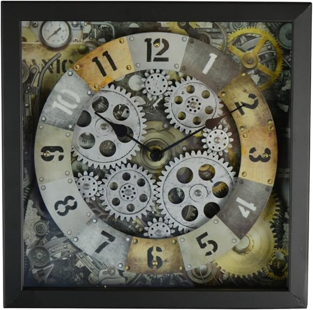 11" Black Gold And Silver Iron Silent Skeleton Distressed Exposed Gear Square Wall Clock — view 1