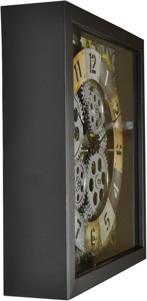 11" Black Gold And Silver Metal Silent Skeleton Distressed Exposed Gear Square Wall Clock HomeRoots