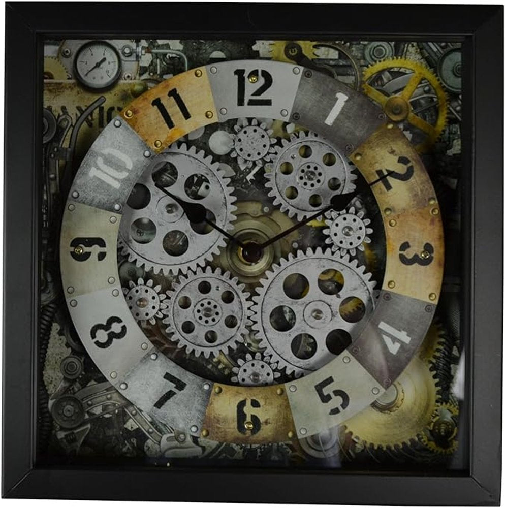 11" Black Gold And Silver Metal Silent Skeleton Distressed Exposed Gear Square Wall Clock HomeRoots