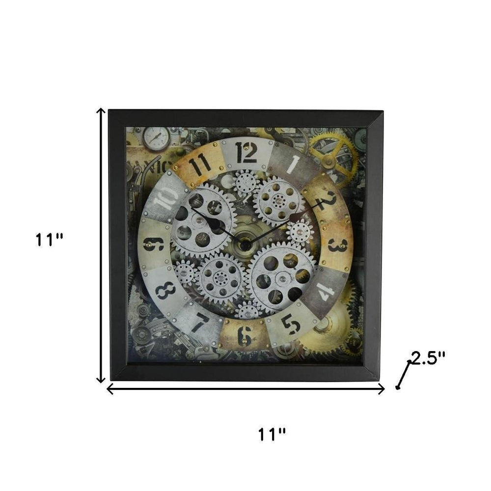 11" Black Gold And Silver Metal Silent Skeleton Distressed Exposed Gear Square Wall Clock HomeRoots
