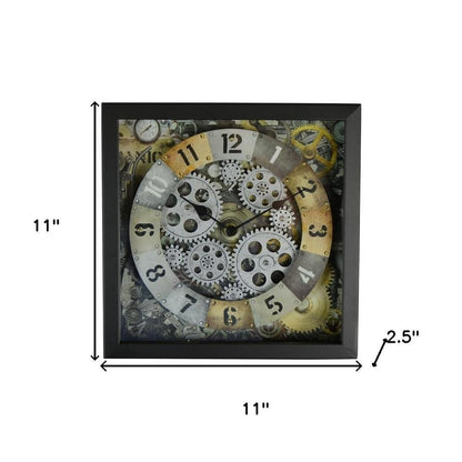 11" Black Gold And Silver Metal Silent Skeleton Distressed Exposed Gear Square Wall Clock HomeRoots