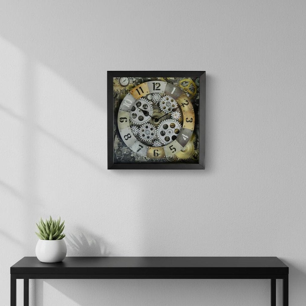 11" Black Gold And Silver Iron Silent Skeleton Distressed Exposed Gear Square Wall Clock — view 5