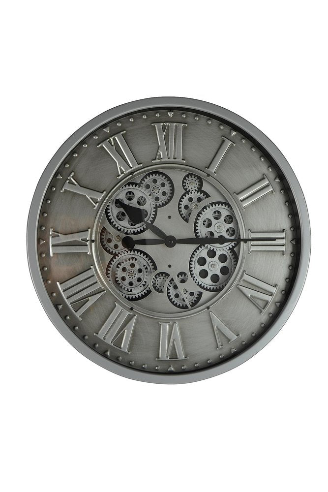 18" Silver And Black Metal Silent Skeleton Exposed Gear Round Wall Clock HomeRoots