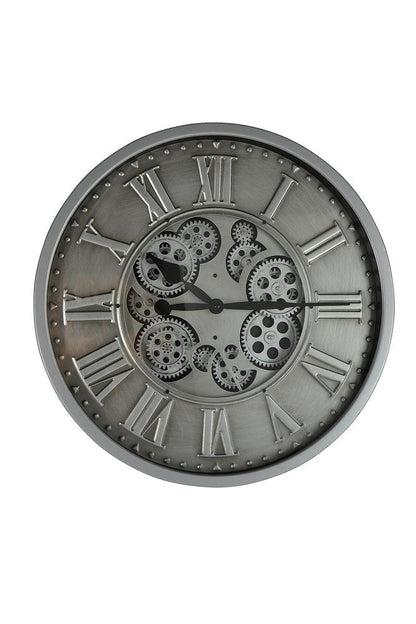 18" Silver And Black Metal Silent Skeleton Exposed Gear Round Wall Clock HomeRoots