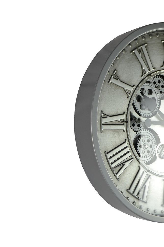 18" Silver And Black Metal Silent Skeleton Exposed Gear Round Wall Clock HomeRoots