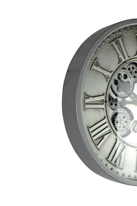 18" Silver And Black Iron Silent Skeleton Exposed Gear Round Wall Clock