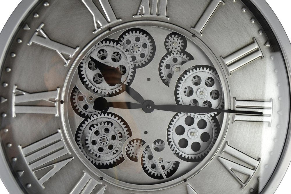 18" Silver And Black Iron Silent Skeleton Exposed Gear Round Wall Clock