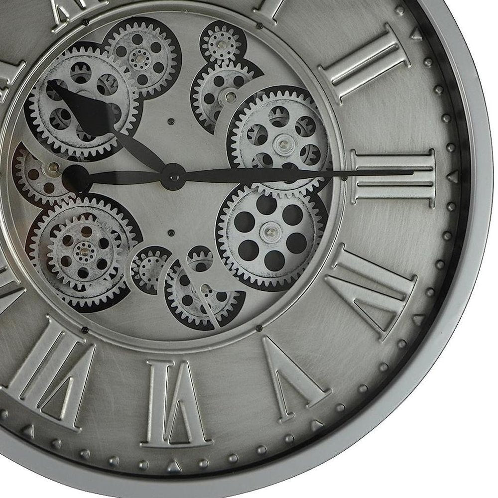 18" Silver And Black Metal Silent Skeleton Exposed Gear Round Wall Clock HomeRoots