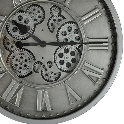 18" Silver And Black Metal Silent Skeleton Exposed Gear Round Wall Clock HomeRoots