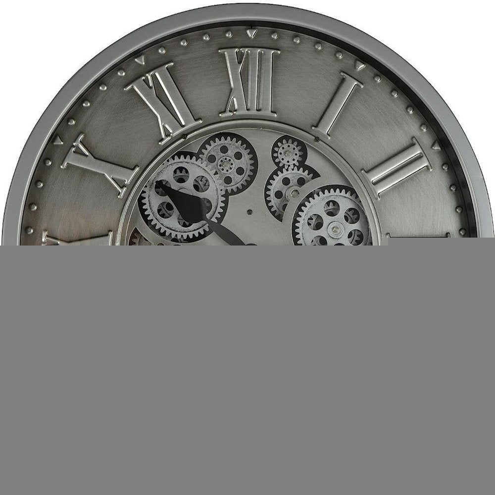 18" Silver And Black Metal Silent Skeleton Exposed Gear Round Wall Clock HomeRoots