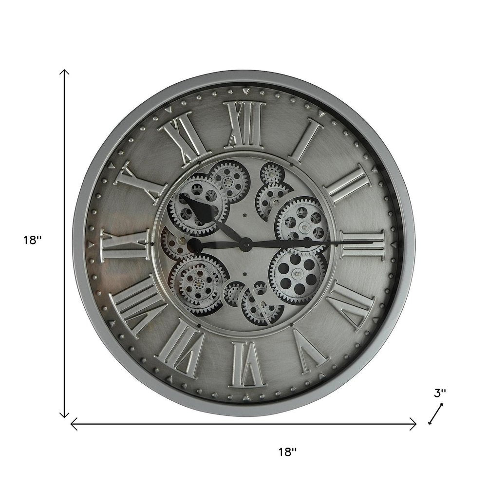 18" Silver And Black Iron Silent Skeleton Exposed Gear Round Wall Clock — view 6