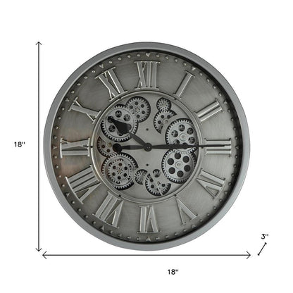 18" Silver And Black Metal Silent Skeleton Exposed Gear Round Wall Clock HomeRoots