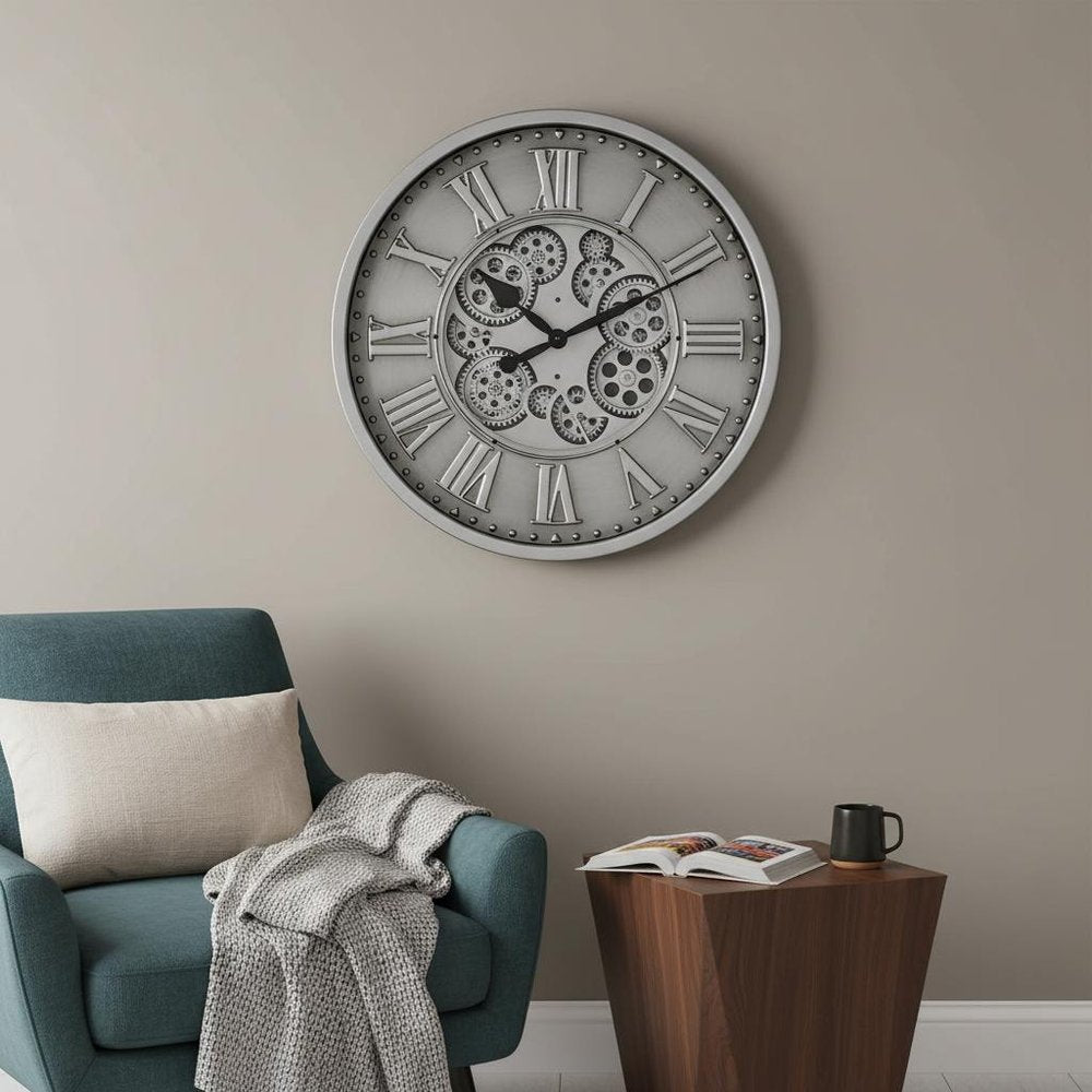 18" Silver And Black Iron Silent Skeleton Exposed Gear Round Wall Clock